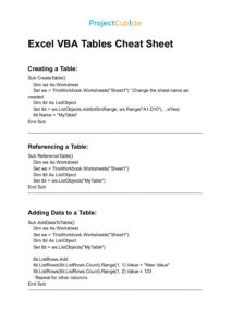 Excel VBA Tables Cheat Sheet PDF - projectcubicle